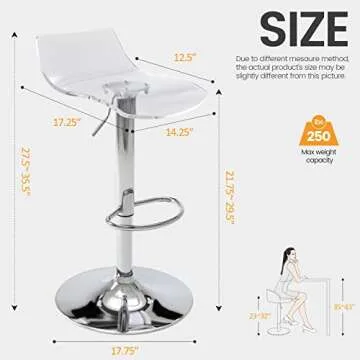 Brage Living Acrylic Bar Stools Set of 2, Transparent Swivel Adjustable Airlift Barstools with Low Back, Counter Height Bar Chairs for Kitchen Dining Room Pub Cafe (Clear)