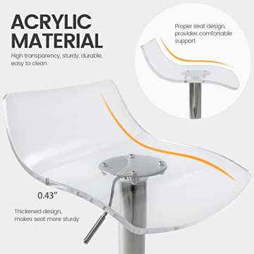 Brage Living Acrylic Bar Stools Set of 2, Transparent Swivel Adjustable Airlift Barstools with Low Back, Counter Height Bar Chairs for Kitchen Dining Room Pub Cafe (Clear)