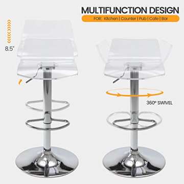 Brage Living Acrylic Bar Stools Set of 2, Transparent Swivel Adjustable Airlift Barstools with Low Back, Counter Height Bar Chairs for Kitchen Dining Room Pub Cafe (Clear)
