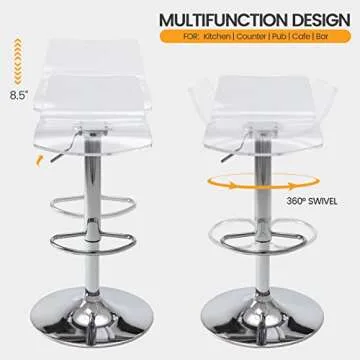 Brage Living Acrylic Bar Stools Set of 2, Transparent Swivel Adjustable Airlift Barstools with Low Back, Counter Height Bar Chairs for Kitchen Dining Room Pub Cafe (Clear)