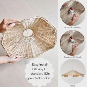 BEBE BASK Hand Woven Rattan Lamp Shade - Unique Wave Wicker Lamp Shade - 17 x 5 Inch - Unique Boho Lamp Shade - Rattan Light Shade - Rattan Pendant Light Shade - Wicker Pendant Light Shade