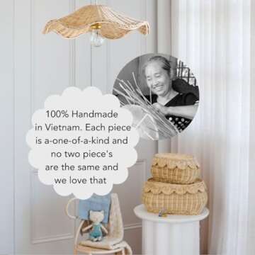 BEBE BASK Hand Woven Rattan Lamp Shade - Unique Wave Wicker Lamp Shade - 17 x 5 Inch - Unique Boho Lamp Shade - Rattan Light Shade - Rattan Pendant Light Shade - Wicker Pendant Light Shade