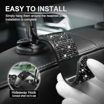 LivTee Crystal Bling Rhinestone Car Back Seat Headrest Hook, Purse Bag Holder, Car Interior Accessories for Women and Men, 4-Pack (Black)