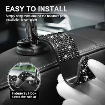 LivTee Crystal Bling Rhinestone Car Back Seat Headrest Hook, Purse Bag Holder, Car Interior Accessories for Women and Men, 4-Pack (Black)