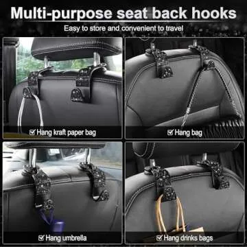 LivTee Crystal Bling Rhinestone Car Back Seat Headrest Hook, Purse Bag Holder, Car Interior Accessories for Women and Men, 4-Pack (Black)