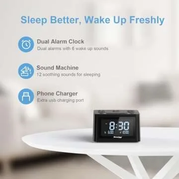 REACHER Dual Alarm Clock & Sleep Sound Machine with Soothing Sounds, USB Charger, and Auto-Off
