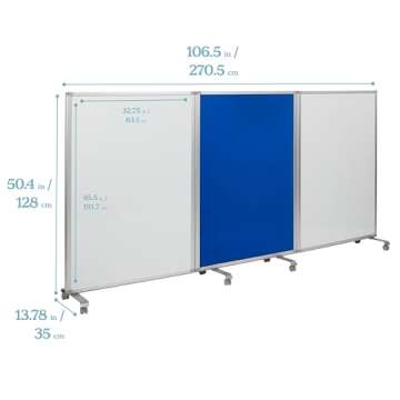 ECR4Kids Mobile Dry-Erase and Flannel Room Divider, 3-Panel, School Supplies, Blue