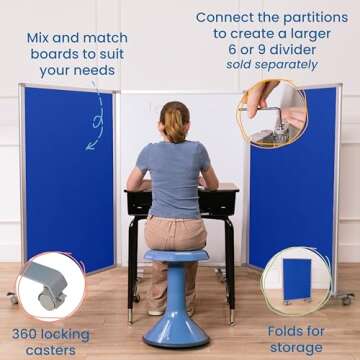 ECR4Kids Mobile Dry-Erase and Flannel Room Divider, 3-Panel, School Supplies, Blue