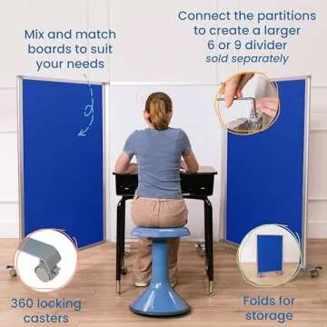 ECR4Kids Mobile Dry-Erase and Flannel Room Divider, 3-Panel, School Supplies, Blue