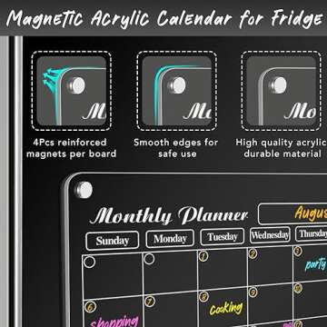 DIYMAG 4Pcs Acrylic Magnetic Dry Erase Calendar for Fridge, White Clear Calendar Planning Board Set Magnetic Weekly Monthly Planner Menu for Refrigerator with 6 Highlight Markers Transparent Color