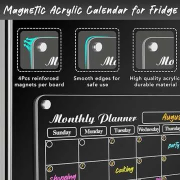 DIYMAG 4Pcs Acrylic Magnetic Dry Erase Calendar for Fridge, White Clear Calendar Planning Board Set Magnetic Weekly Monthly Planner Menu for Refrigerator with 6 Highlight Markers Transparent Color