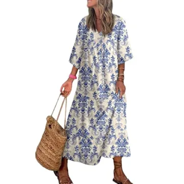 Dokotoo Sun Dresses Women Summer Casual Maxi Dresses V Neck Boho Beach Dress Long Puff Sleeve Sexy D...