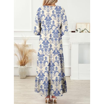 Dokotoo Sun Dresses Women Summer Casual Maxi Dresses V Neck Boho Beach Dress Long Puff Sleeve Sexy Dress Ruffle A Line Flowy Dresses Large Blue