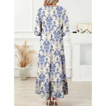 Dokotoo Sun Dresses Women Summer Casual Maxi Dresses V Neck Boho Beach Dress Long Puff Sleeve Sexy Dress Ruffle A Line Flowy Dresses Large Blue