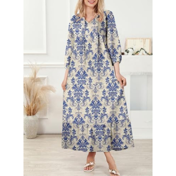 Dokotoo Sun Dresses Women Summer Casual Maxi Dresses V Neck Boho Beach Dress Long Puff Sleeve Sexy Dress Ruffle A Line Flowy Dresses Large Blue