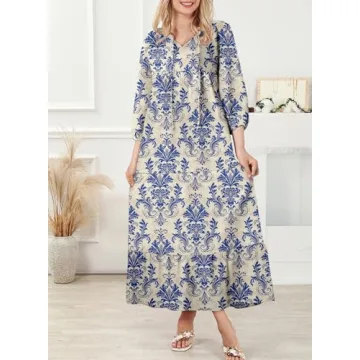 Dokotoo Sun Dresses Women Summer Casual Maxi Dresses V Neck Boho Beach Dress Long Puff Sleeve Sexy Dress Ruffle A Line Flowy Dresses Large Blue