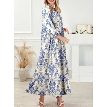 Dokotoo Sun Dresses Women Summer Casual Maxi Dresses V Neck Boho Beach Dress Long Puff Sleeve Sexy Dress Ruffle A Line Flowy Dresses Large Blue