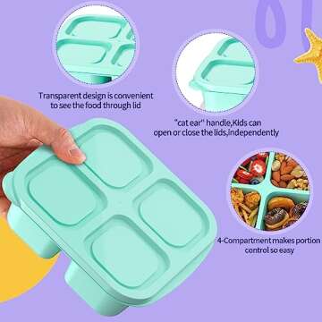 RGNEIN Bento Lunch Box for Kids (4 Pack) - 4-Compartment Salad Container for Lunch, Reusable BPA-Fre...