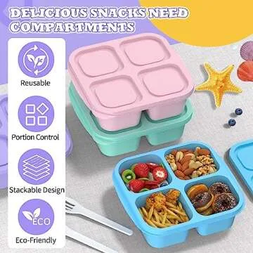 RGNEIN Bento Lunch Box for Kids (4 Pack) - 4-Compartment Salad Container for Lunch, Reusable BPA-Free Food Prep Containers, Snack Container for School, Work, and Travel (Solid Color)