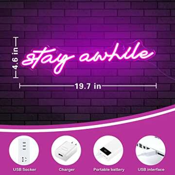 Pink Stay Awhile Neon Signs - IMEGINA Dimmable LED Bar Neon Sign for Wall Decor 19.7x5 Inch, USB Powered Cool Neon Light for Bedroom Home Room Pub Party, Birthday Christmas Gift