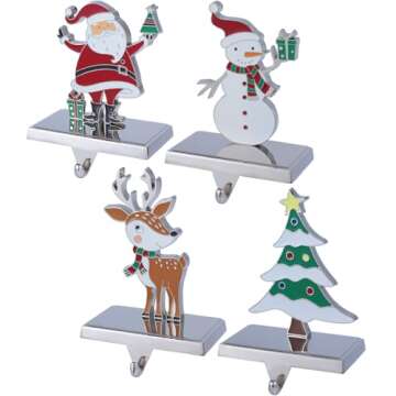 Set of 4 Christmas Stocking Hangers for Mantel，Christmas Tree Reindeer Santa Snowman Stocking Holders for Fireplace-Stocking Hangers for Mantel Xmas Tree Mantel Hooks Hanger (Multi-Color 4-Pack)