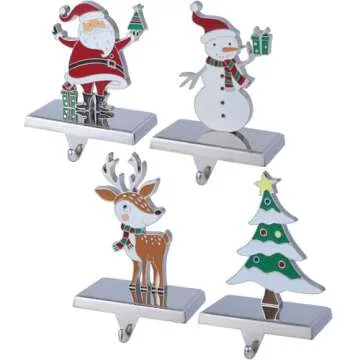 Set of 4 Christmas Stocking Hangers for Mantel，Christmas Tree Reindeer Santa Snowman Stocking Holders for Fireplace-Stocking Hangers for Mantel Xmas Tree Mantel Hooks Hanger (Multi-Color 4-Pack)