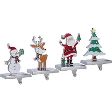 Set of 4 Christmas Stocking Hangers for Mantel，Christmas Tree Reindeer Santa Snowman Stocking Holders for Fireplace-Stocking Hangers for Mantel Xmas Tree Mantel Hooks Hanger (Multi-Color 4-Pack)