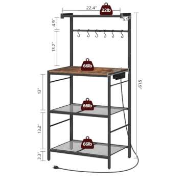MAHANCRIS Bakers Rack with Charging Station, Microwave Stand with 6 S-Shaped Hooks, 4-Tier Storage Rack, Practical Coffee Bar, for Kitchen, Dining Room, Rustic Brown BRHR35E01