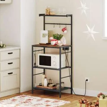 MAHANCRIS Bakers Rack with Charging Station, Microwave Stand with 6 S-Shaped Hooks, 4-Tier Storage Rack, Practical Coffee Bar, for Kitchen, Dining Room, Rustic Brown BRHR35E01