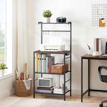 MAHANCRIS Bakers Rack with Charging Station, Microwave Stand with 6 S-Shaped Hooks, 4-Tier Storage Rack, Practical Coffee Bar, for Kitchen, Dining Room, Rustic Brown BRHR35E01