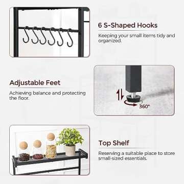 MAHANCRIS Bakers Rack with Charging Station, Microwave Stand with 6 S-Shaped Hooks, 4-Tier Storage Rack, Practical Coffee Bar, for Kitchen, Dining Room, Rustic Brown BRHR35E01