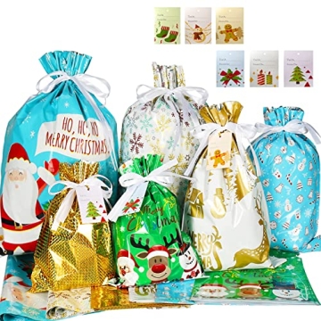 HRX Package Holiday Drawstring Gift Bags with Tags, 30pcs Christmas Foil Gift Wrapping Sacks Pouches...