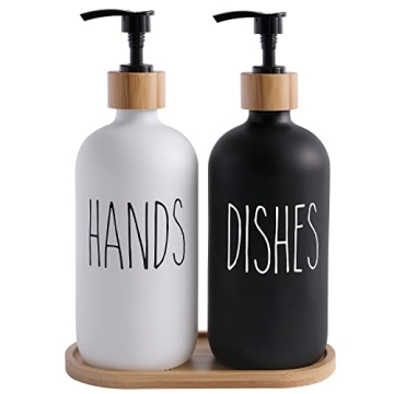 MOMEEMO Stylish Glass Soap Dispenser Set - Hand & Dish Soap Dispensers with Extra Pump