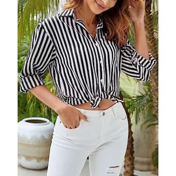 thefabland Women's Striped Long Sleeve Button Down Blouse