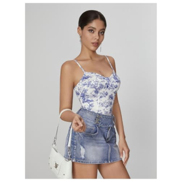 Stylish WDIRARA Plant Print Spaghetti Strap Bodysuit