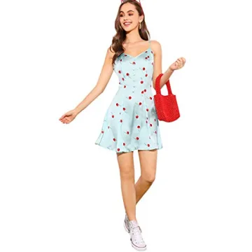 Floerns Women's Floral Cherry Print Summer Cami Dress Blue