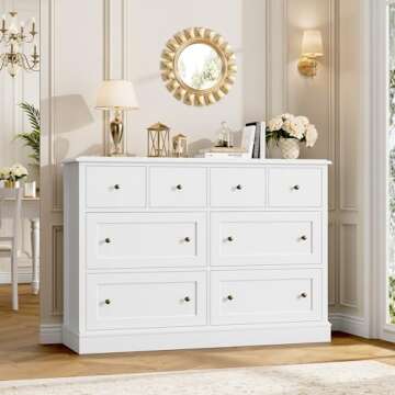 FINETONES White Dresser 8 Drawer Dresser, 47.2" White Chest of Drawers Nursery Dresser with Large St...