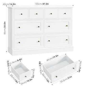 FINETONES White Dresser 8 Drawer Dresser, 47.2" White Chest of Drawers Nursery Dresser with Large Storage, Wood Dresser with Deep Drawers, Long Dressers & Chests of Drawers for Home Office