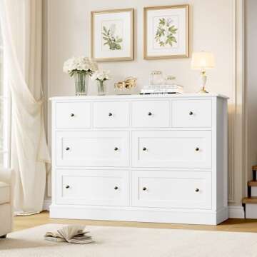 FINETONES White Dresser 8 Drawer Dresser, 47.2" White Chest of Drawers Nursery Dresser with Large Storage, Wood Dresser with Deep Drawers, Long Dressers & Chests of Drawers for Home Office