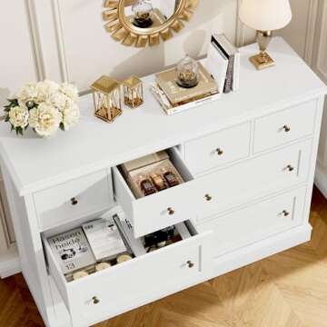 FINETONES White Dresser 8 Drawer Dresser, 47.2" White Chest of Drawers Nursery Dresser with Large Storage, Wood Dresser with Deep Drawers, Long Dressers & Chests of Drawers for Home Office