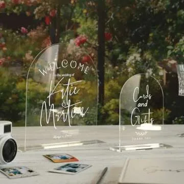 UNIQOOO 10 Pack Acrylic 5x7 Clear Arch Table Sign for Wedding with Holders, 1/8 in Thick, DIY Blank Arch Sign Sheet Perfect for Decoration, Party,Anniversary, Event, Stand Included