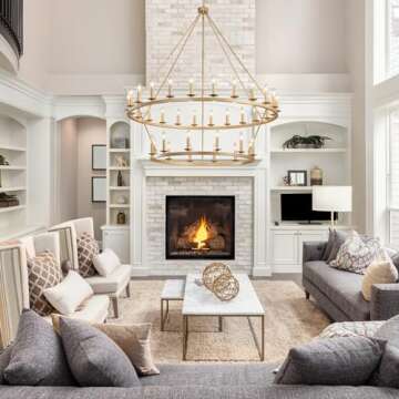 QJMPP Gold Wagon Wheel Chandelier 2 Tier 53-Inch 36-Light,Extra Large Circle Rustic Farmhouse Light Fixture,Round Metal Chandeliers for Foyer Entryway Dining Room Living Room High Ceilings