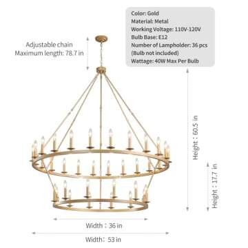 QJMPP Gold Wagon Wheel Chandelier 2 Tier 53-Inch 36-Light,Extra Large Circle Rustic Farmhouse Light Fixture,Round Metal Chandeliers for Foyer Entryway Dining Room Living Room High Ceilings