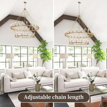 QJMPP Gold Wagon Wheel Chandelier 2 Tier 53-Inch 36-Light,Extra Large Circle Rustic Farmhouse Light Fixture,Round Metal Chandeliers for Foyer Entryway Dining Room Living Room High Ceilings