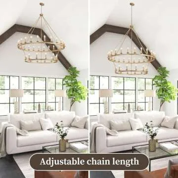QJMPP Gold Wagon Wheel Chandelier 2 Tier 53-Inch 36-Light,Extra Large Circle Rustic Farmhouse Light Fixture,Round Metal Chandeliers for Foyer Entryway Dining Room Living Room High Ceilings