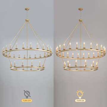 QJMPP Gold Wagon Wheel Chandelier 2 Tier 53-Inch 36-Light,Extra Large Circle Rustic Farmhouse Light Fixture,Round Metal Chandeliers for Foyer Entryway Dining Room Living Room High Ceilings