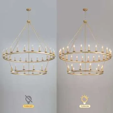 QJMPP Gold Wagon Wheel Chandelier 2 Tier 53-Inch 36-Light,Extra Large Circle Rustic Farmhouse Light Fixture,Round Metal Chandeliers for Foyer Entryway Dining Room Living Room High Ceilings