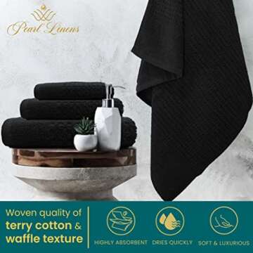 Pearl Linens 100% Cotton Premium Bath Towel Set of 6 for Bathroom, Waffle Towels for Home, Hotel, Spa, Absorbent, Soft, 2 Large Bath Towels, 2 Bath Hand Towels & 2 Wash Cloths for Your Body, Black
