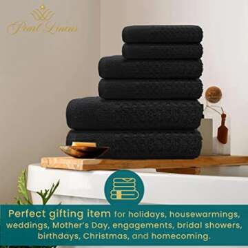 Pearl Linens 100% Cotton Premium Bath Towel Set of 6 for Bathroom, Waffle Towels for Home, Hotel, Spa, Absorbent, Soft, 2 Large Bath Towels, 2 Bath Hand Towels & 2 Wash Cloths for Your Body, Black