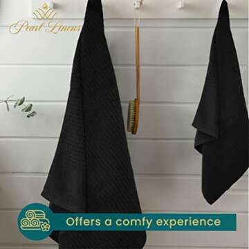 Pearl Linens 100% Cotton Premium Bath Towel Set of 6 for Bathroom, Waffle Towels for Home, Hotel, Spa, Absorbent, Soft, 2 Large Bath Towels, 2 Bath Hand Towels & 2 Wash Cloths for Your Body, Black